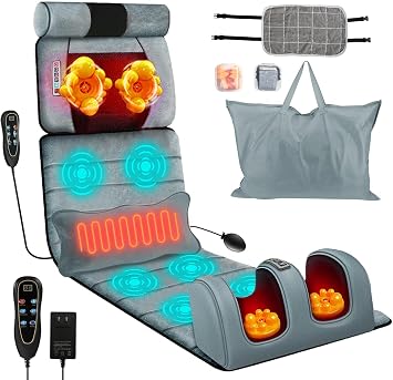 Full Body Massage Mat with Heat,Electric Massage Pad for Neck,Back,Foot&Full Body Pain Relief,10 Vibrating Nodes 3 Heating Levels W/ Detachable Neck,Foot Massager,Head Pillow&Inflatable Lumbar Pillow