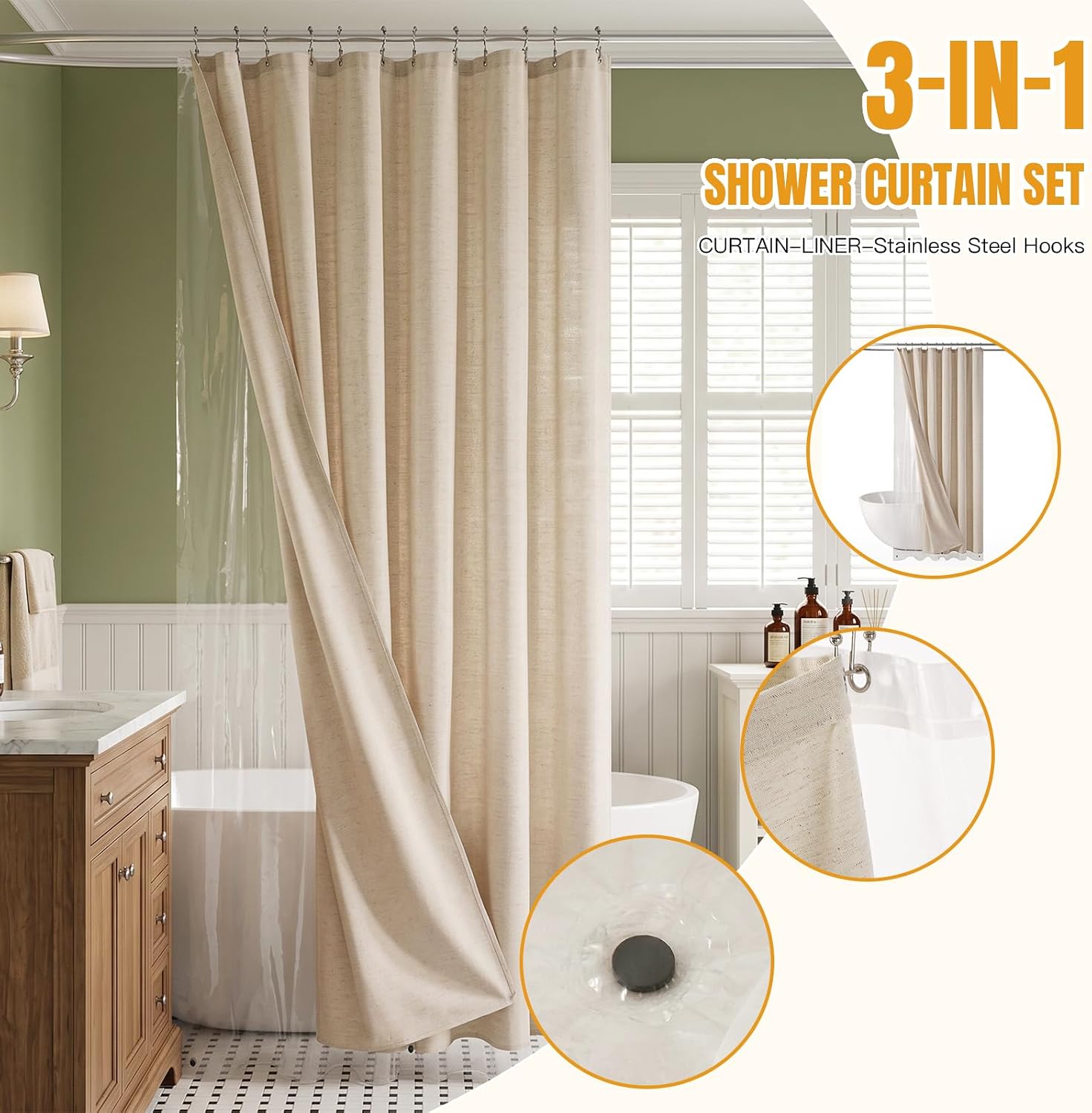 Linen Shower Curtain Set with Liner & Hooks, Waterproof, 72x72