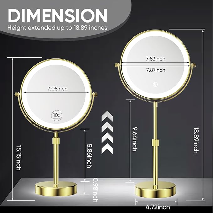 Espejo de Maquillaje LED Recargable de 8 pulgadas con Aumento 10x, Ajustable en Altura, Dorado Brillante miniatura 2
