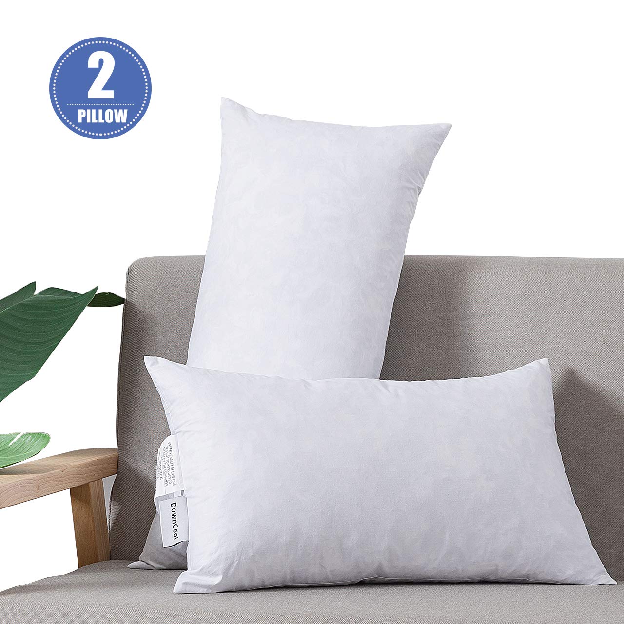 DOWNCOOL 100% Cotton Stuffer Throw Pillow Insert Set of 2, Rectangle Down and Feather Filled Decorative Bed Sofa Insert, 12x20 Inch, White