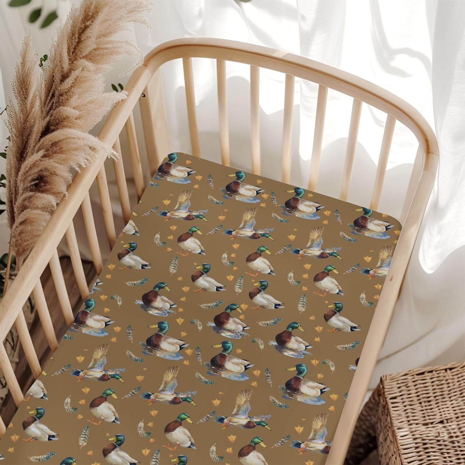 Vintage Mallard Ducks Baby Crib Sheets for Boy Girl 52"x28" Retro Duck Hunting Soft Snug Fitted Crib Mattress Cover Wild Birds Feathers Nursery Baby Sheet for Standard Crib & Toddler Bed Mattress