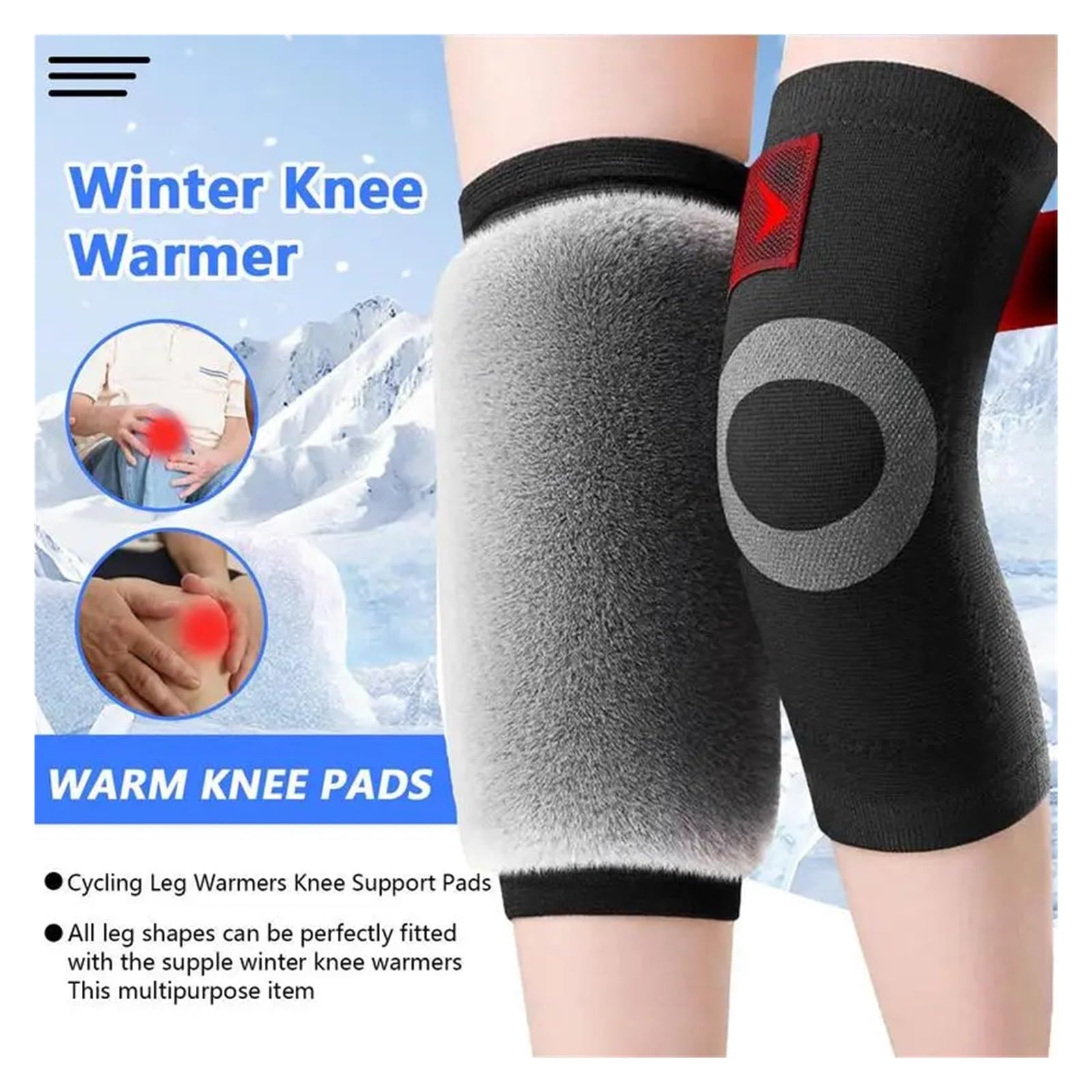 Genouillères de sport antidérapantes, chauffe-genouillères, 1 paire, tailles M à XXL, manchons chauds pour l'hiver, sangle ajustable, revêtement en tissu doux et confortable imitation fourrure de