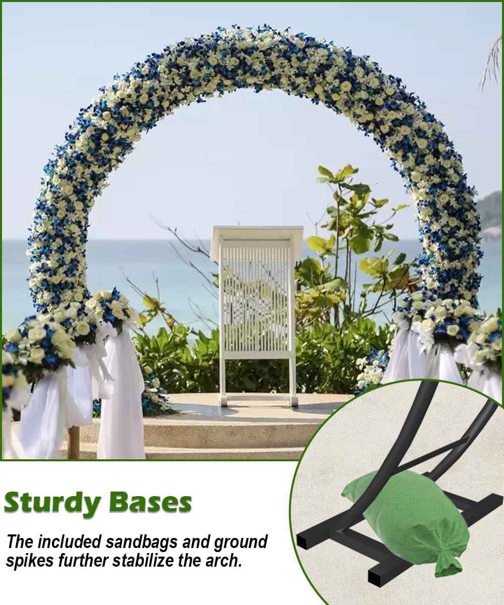 Queension Metal Wedding Arch | for Ceremony Party Decoration 8Ft Wide 7Ft High,Garden Arch Trellis with Ground Bases for Climbing Plants,Outdoor Garden Arbor for Roses Vines, Round Frame, Black