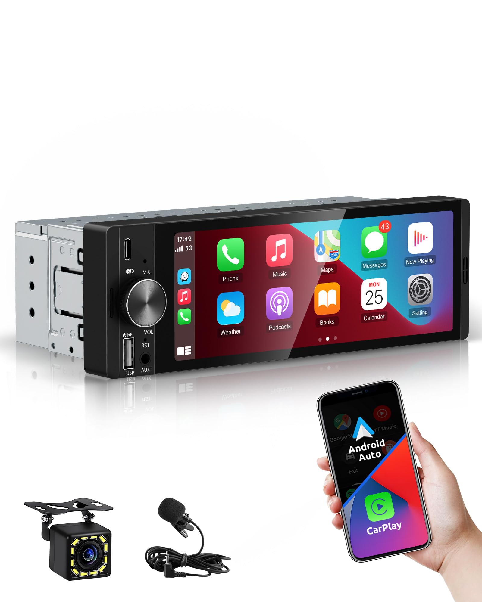 ESSGOO 6.36 Zoll 1 DIN Autoradio mit Wireless Carplay und Android Auto, HD IPS Bildschirm Auto Display Bluetooth Radio mit Rückfahrkamera Mirror Voice Control Mirror Link FM