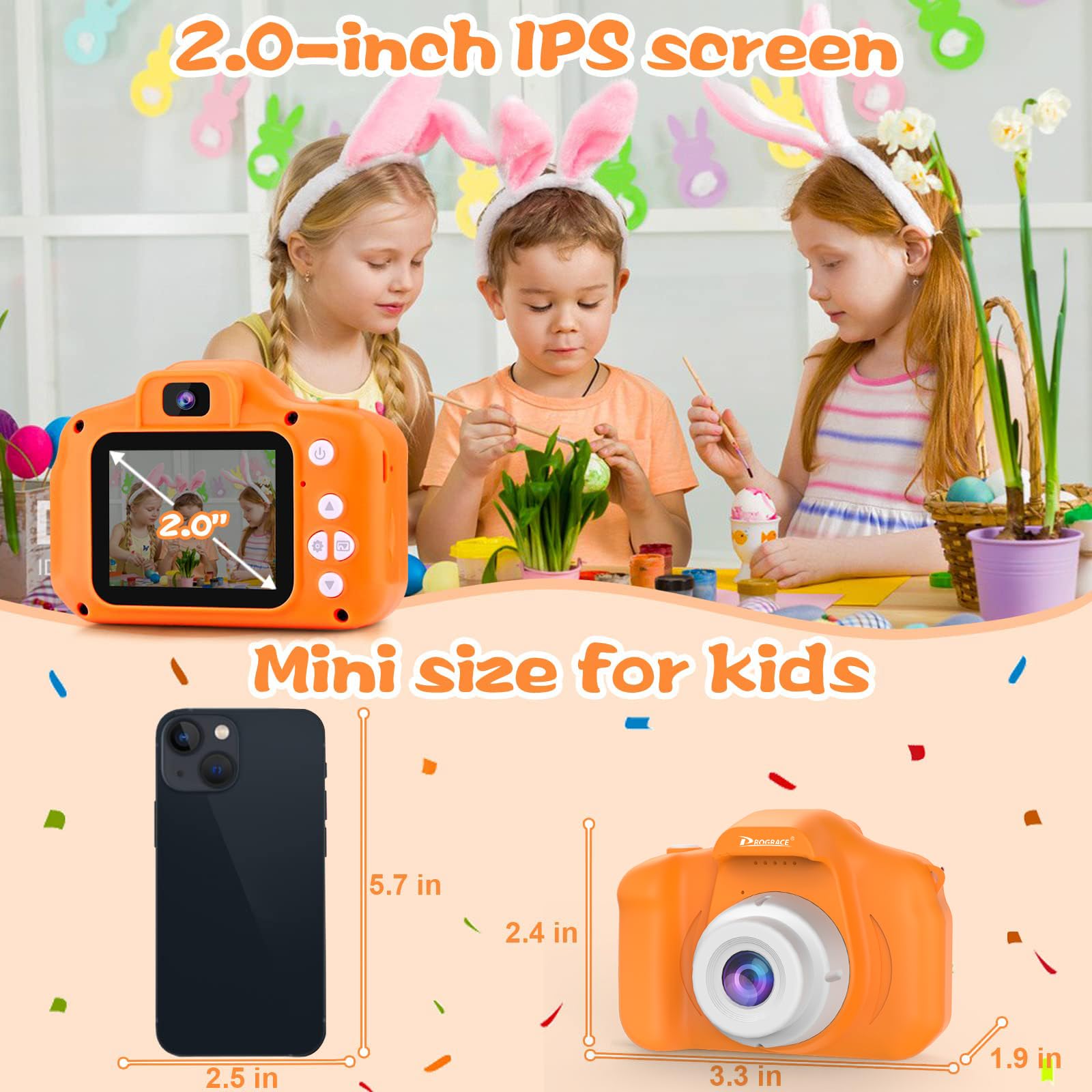 Cámara naranja para niños, cumpleaños para niñas y niños de 3 a 12 años, cámara de video digital HD para niños pequeños, pantalla IPS HD, juguete portátil con tarjeta SD de 32 GB 5