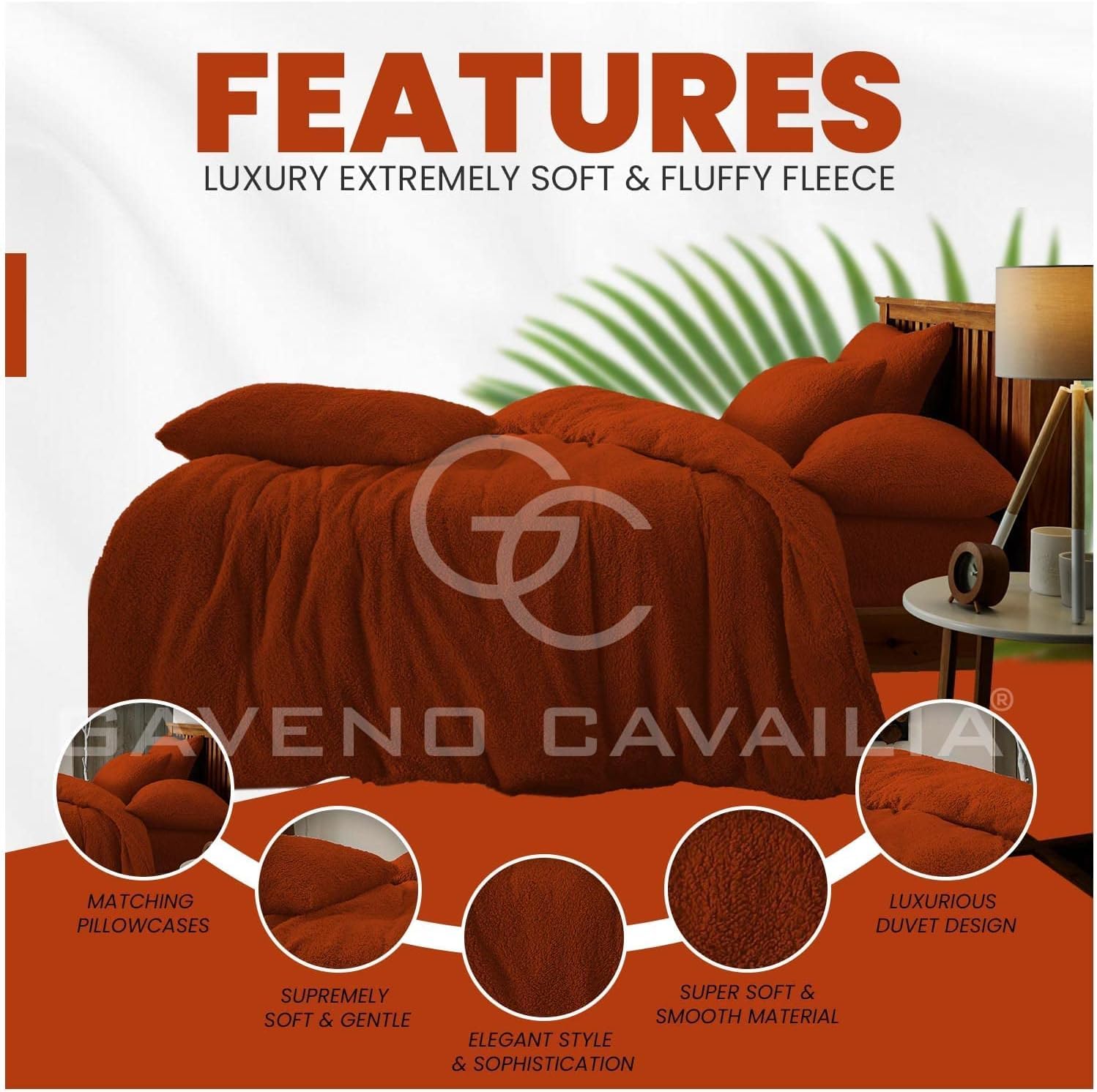 GC GAVENO CAVAILIA Teddy Fleece Bedding Set King Size - Soft Warm Cosy Duvet Cover with Pillowcases - Burnt Orange - Image 2