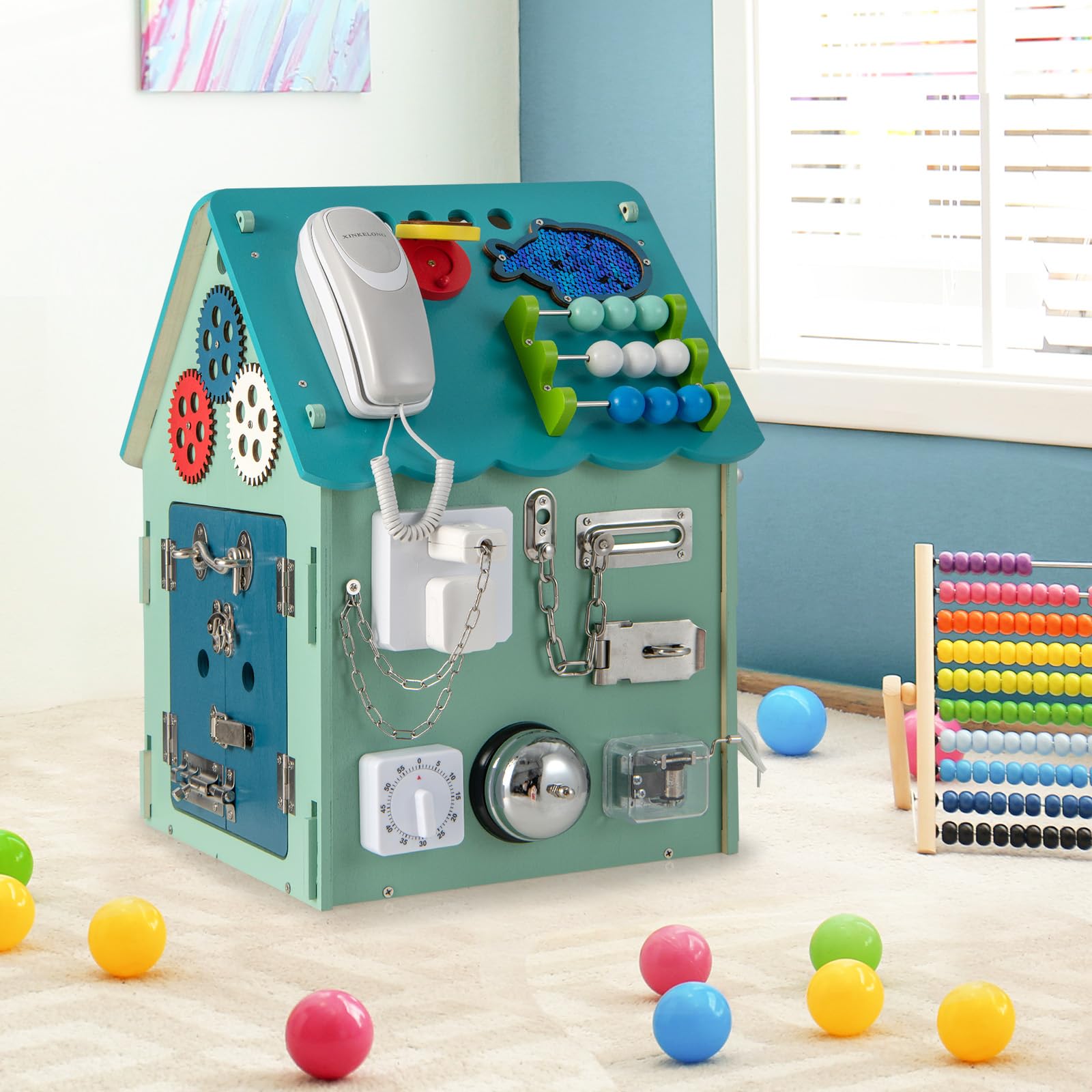 DREAMADE Großer Motorikspielzeug aus Holz, Kinderspielhaus mit 33 Komponenten & Innerem Stauraum, Lernspielzeug für den Bildungsbereich Geeignet für Kinder ab 3 Jahre, 33 x 33 x 45 cm (Blau)