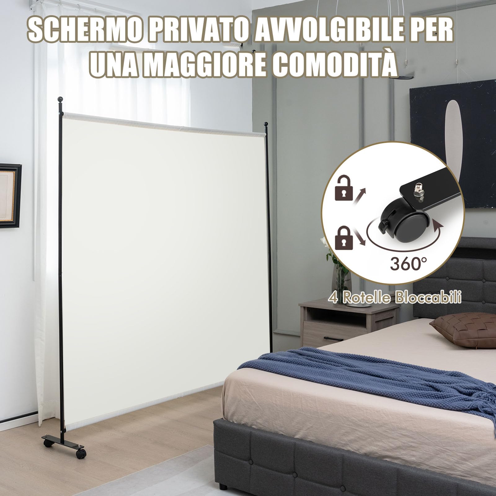 COSTWAY Separé Divisorio Singolo 184 x 184 CM, Paravento da Interno ed Esterno con Ruote Bloccabili, Pannello Divisorio per Ambienti Interni Portatile da Soggiorno Camera da Letto e Ufficio (Bianco)