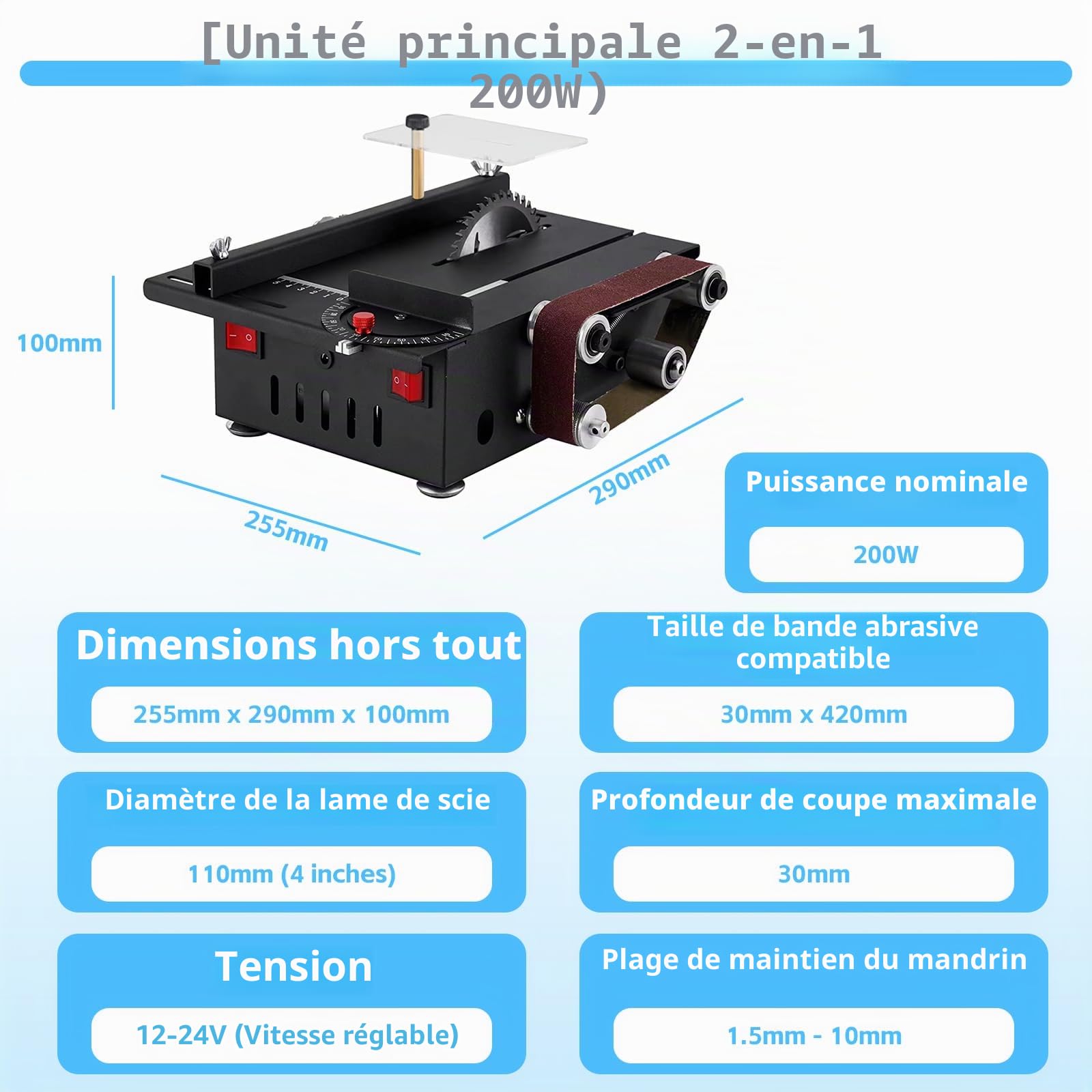Mini Scie de Table Circulaire Compacte avec Ponceuse à Bande 200W Multifonctionnelle Portable 4 Lames 0,1-30mm pour Bois DIY