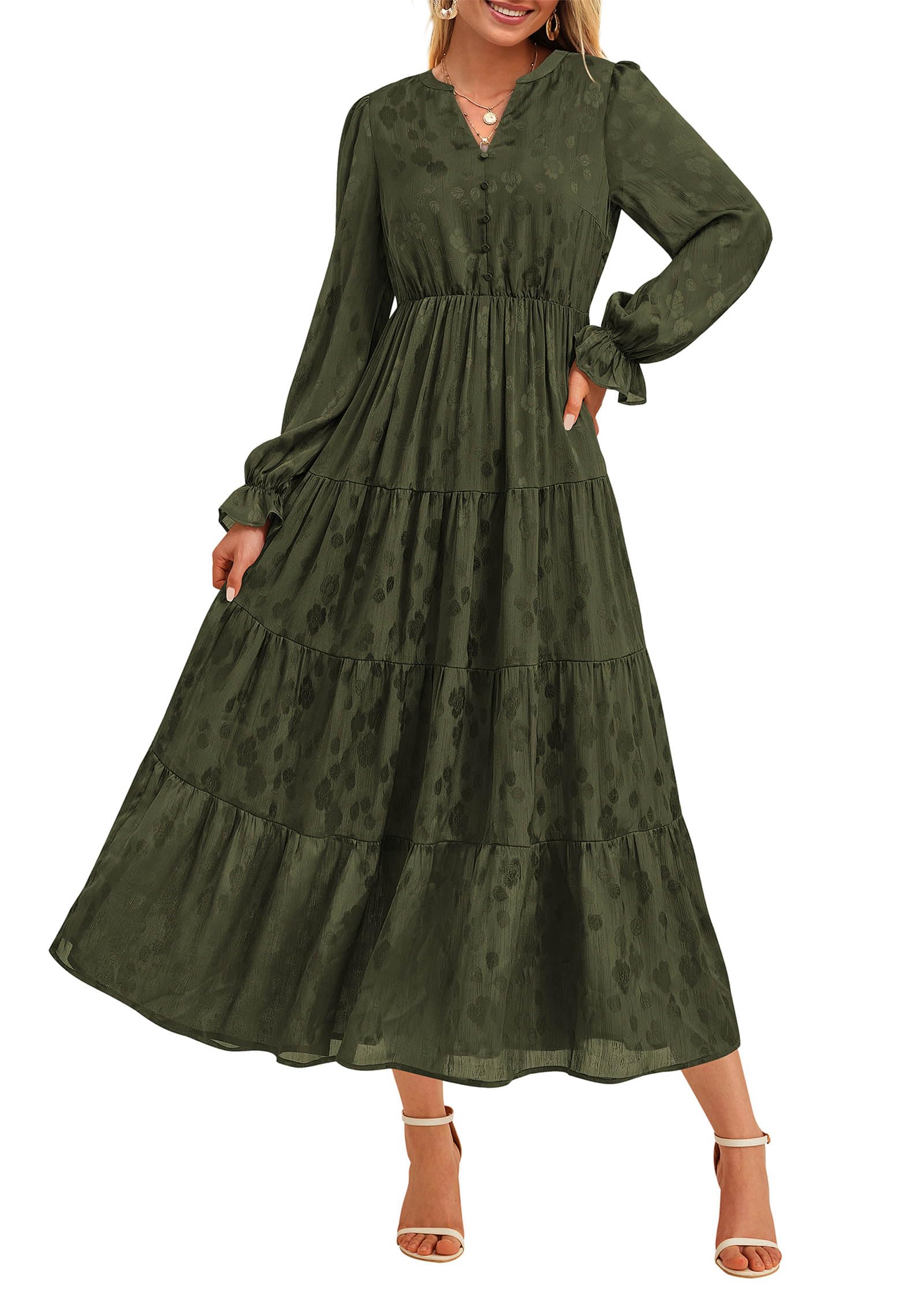 KIRUNDO Spring Wedding Guest Dresses for Women 2026 Maxi Floral Long Sleeve Elegant Ruffle Tiered Flowy Party Long Dress