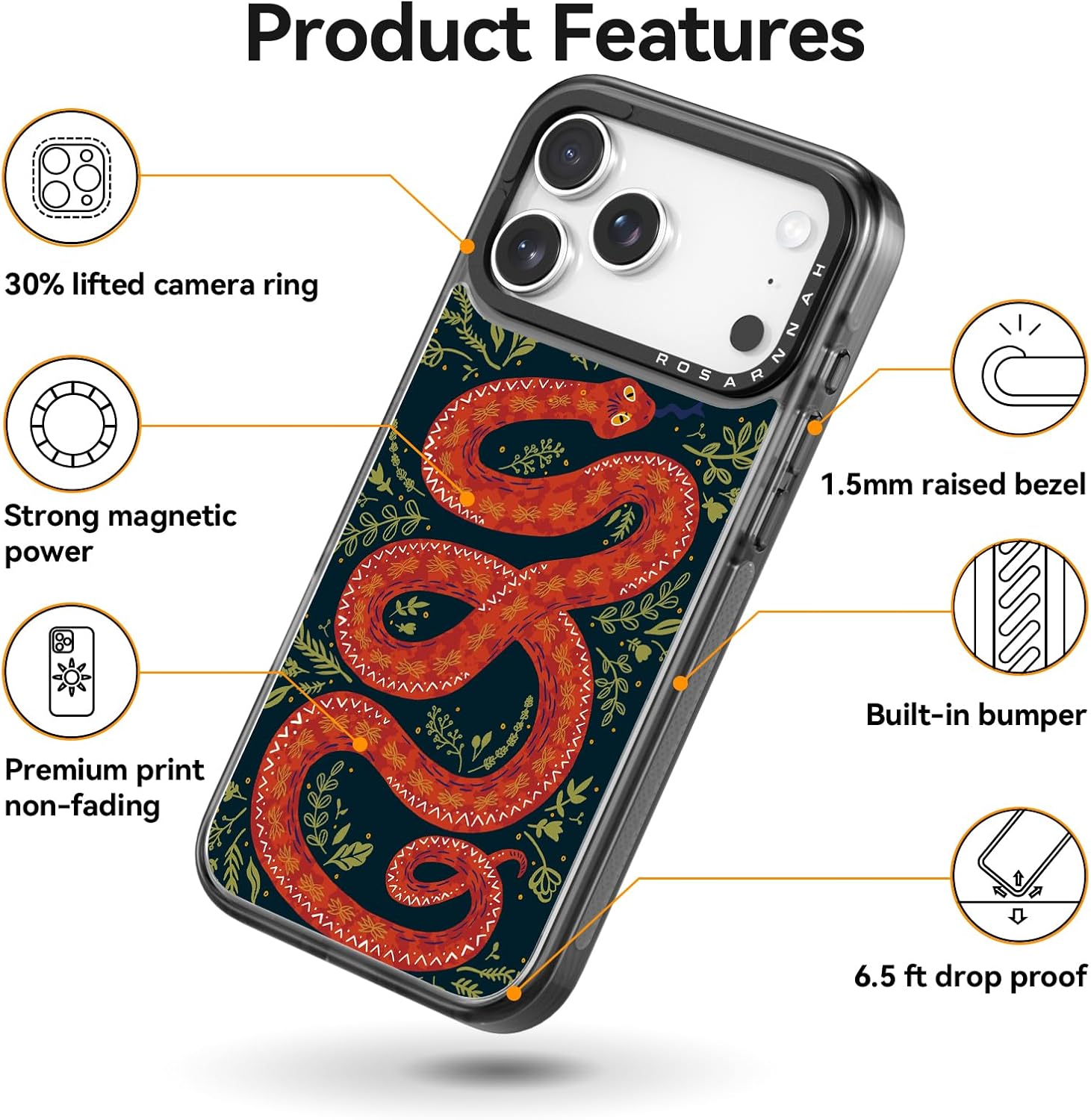Rosarnnah for iPhone 17 Pro Max Case Cute - Compatible with Magsafe - Durable Shockproof 6.6 ft Drop Impact Phone Case - Funny Gothic Snake Design (6.9") Black