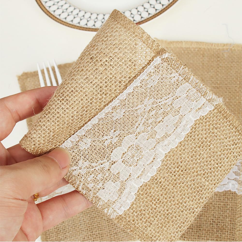 VASANA 10Pcs 11x21cm/4.3x8.27inch Burlap Utensil Tableware Holders with Lace Flower Silverware Holder Knifes Forks Bags Napkin Pouch Table Setting Decoration for Wedding Party - Image 3