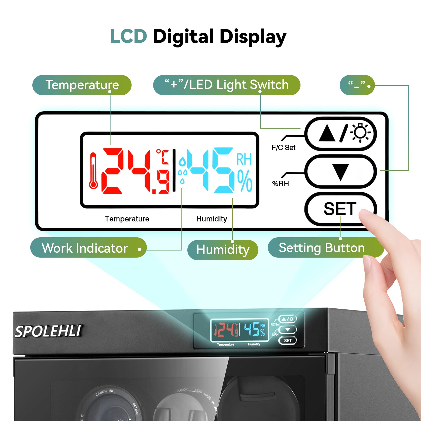 Armadio secco per fotocamere e obiettivi 55L deumidificatore di prodotti elettronici, armadio a prova di umidità con luci LED