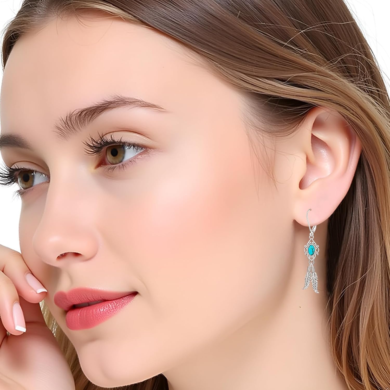 Turquoise Feather Dangle Earrings for Women Sterling Silver Turquoise Jewelry with Feather Dangling Western Chritmas Gifts for Women - Image 3