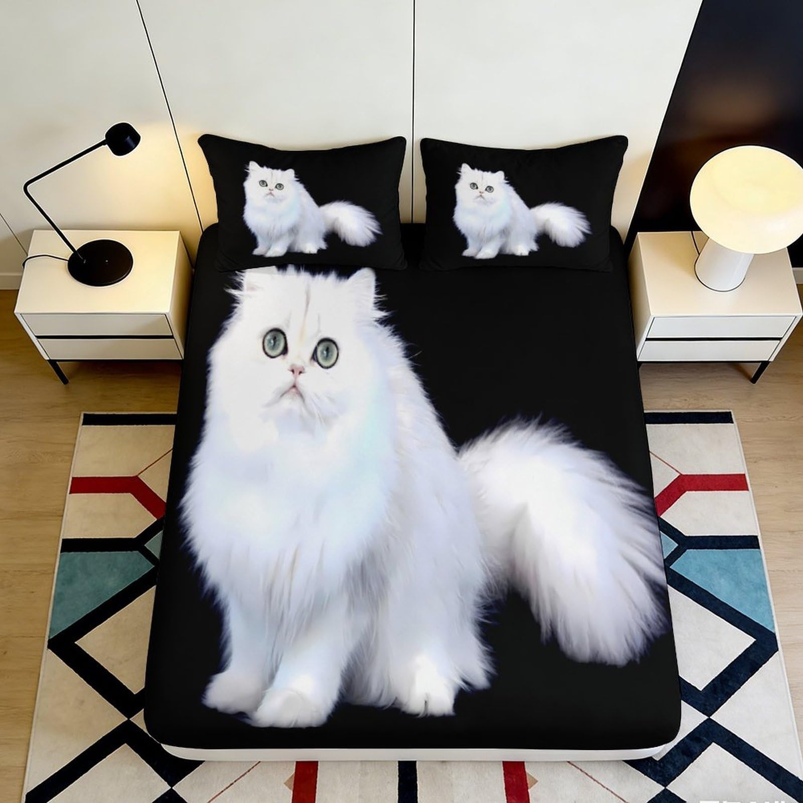 3D Printed White Persian Cat Fitted Sheet Microfiber Soft Breathable Fluffy Cat Bed Cover for Bedroom Dormitory Guest Room Mattress Protection 120x200x25cm