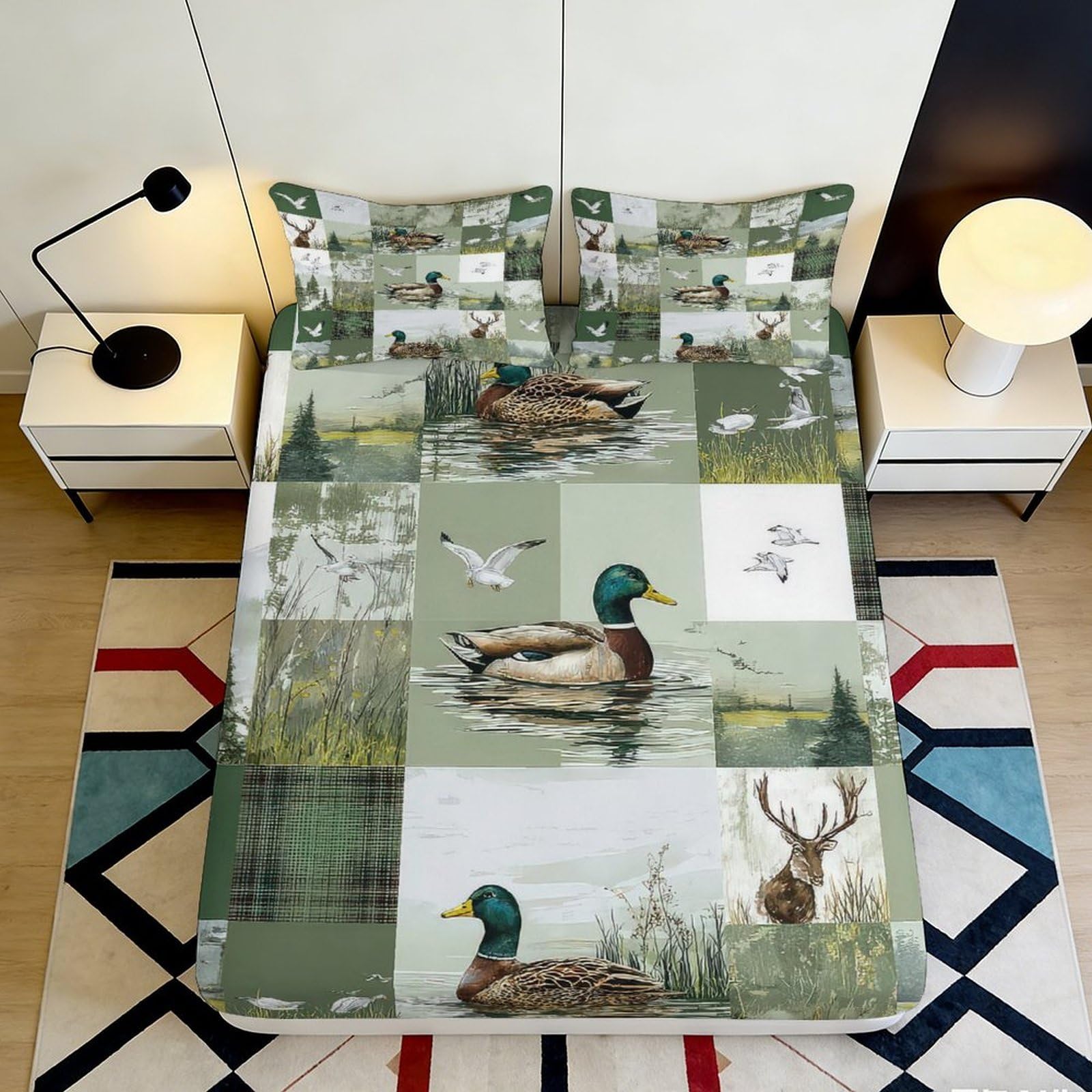 3D Printed Mallard Duck Fitted Sheet Microfiber Soft Green Forest Deer Mattress Cover for Bedroom Guest Room Decor 90x200x25cm