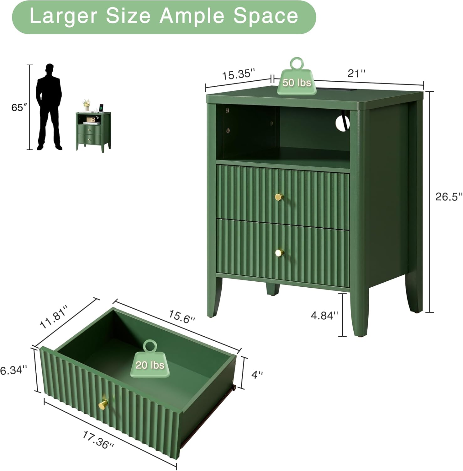 Fluted Nightstand with Charging Station Set of 2, 21" Wide Modern Bedside Table with 2 Drawers & Open Shelf, Wood End Table with Storage & Metal Handle for Bedroom, Small Spaces, Green