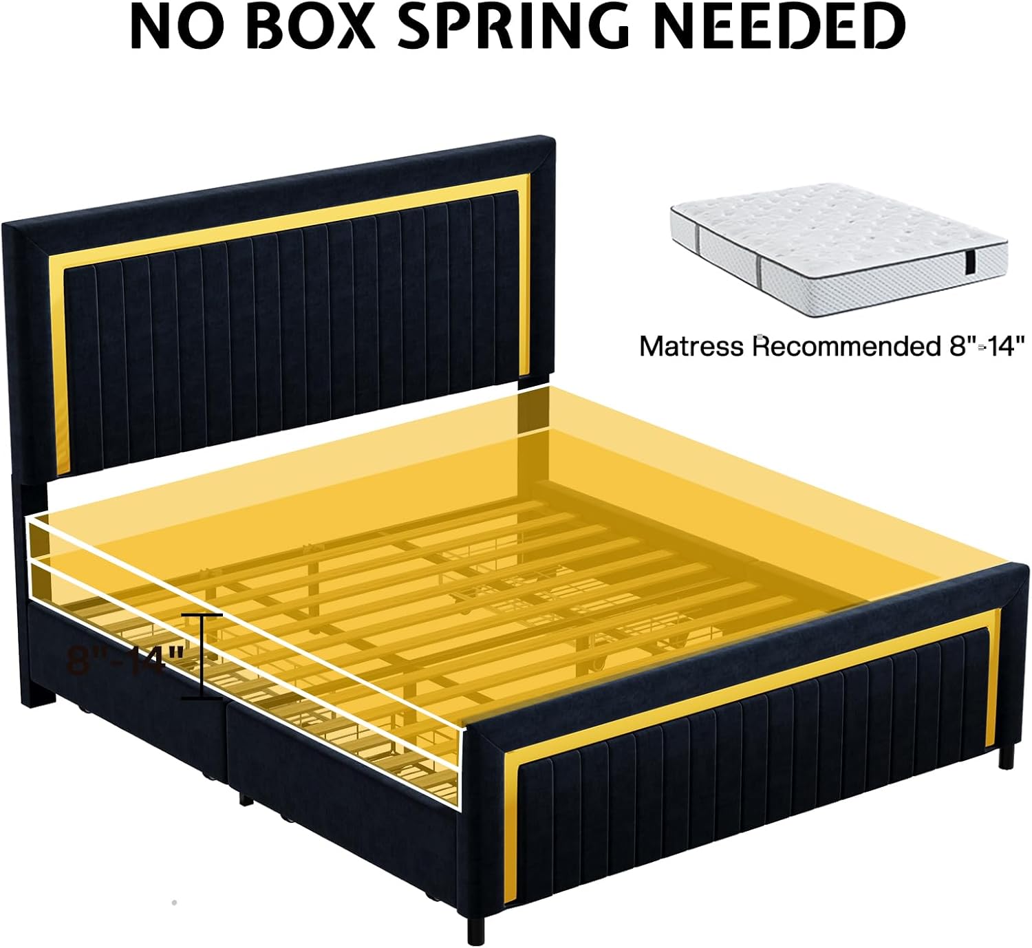 Jocisland Queen Size Upholstered LED Bed Frame with 4 Storage Drawers, Velvet Platform Bedframe with Channel Tufted Adjustable Headboard, Wooden Slats Support, No Box Spring Needed, Black