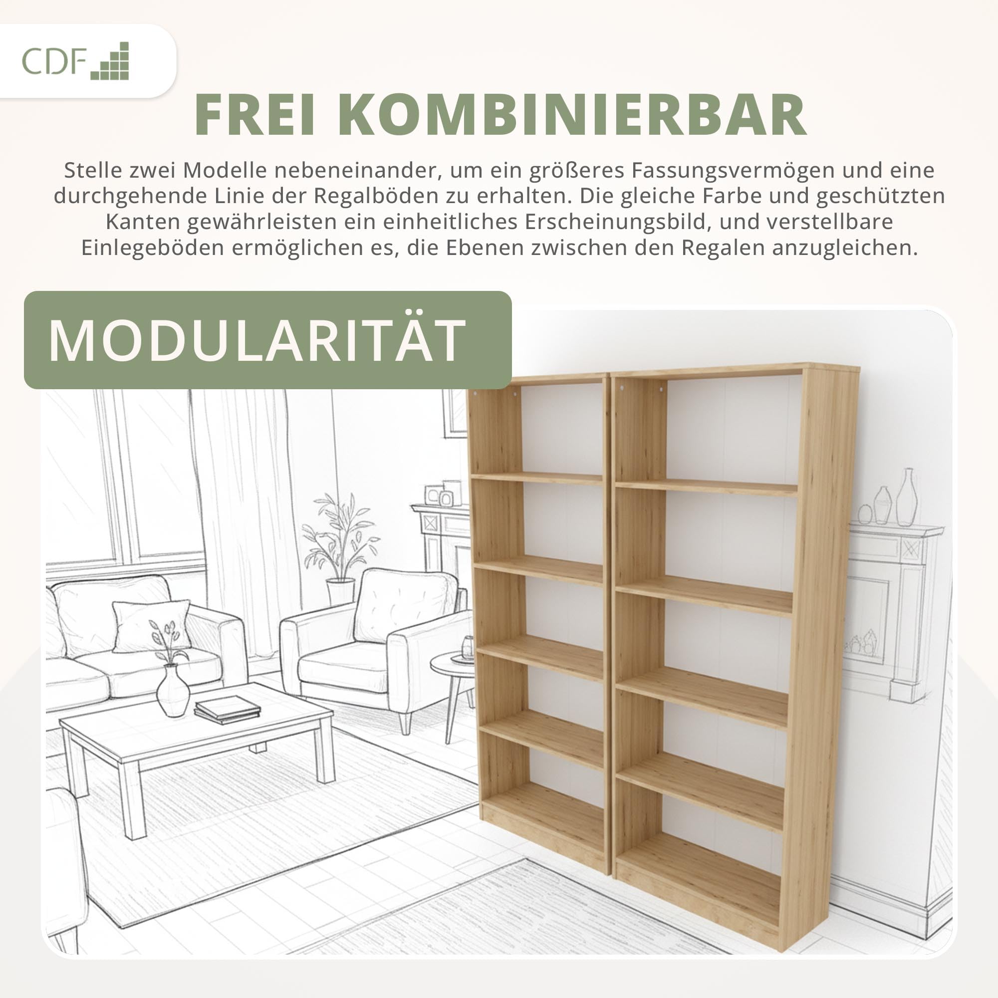 CDF Bücherregal Regal Standregal Büroregal für Ordner - Büro Wohnzimmer Homeoffice Bücherschrank zur Aufbewahrung Dokumenten Dekoration Robuste Konstruktion - Eiche Artisan 80cm