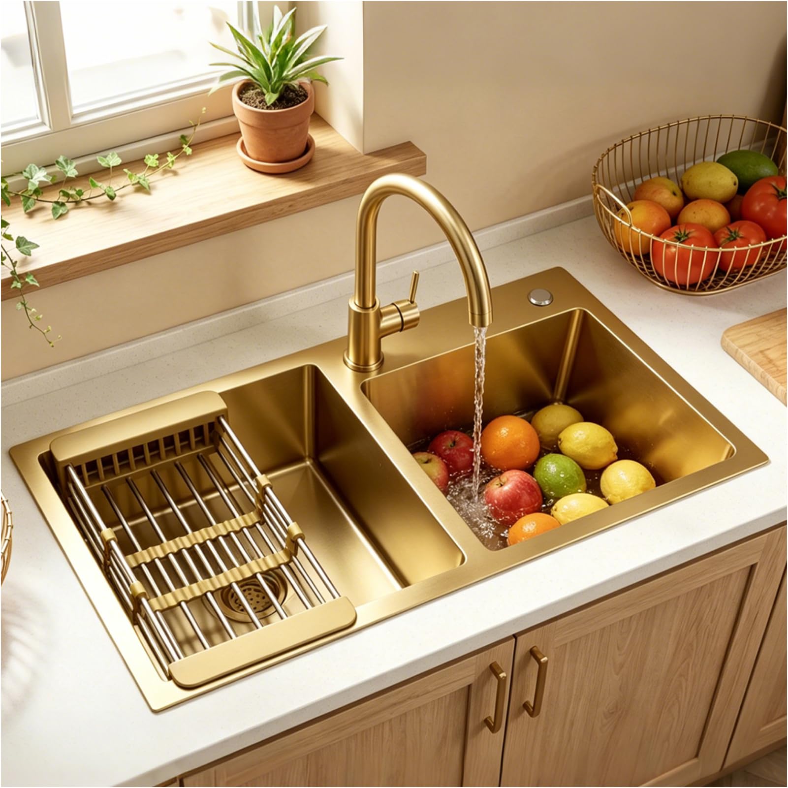 OMGMTSTORE Kitchen Sink, 2 Basins, 75 x 40 cm, Gold Stainless Steel Kitchen Sink with 2 Tap Holes, Large Kitchen Sink, Sink in the Kitchen, Built-in Sink Including Drip Basket, Soap Dispenser, Siphon — image 1