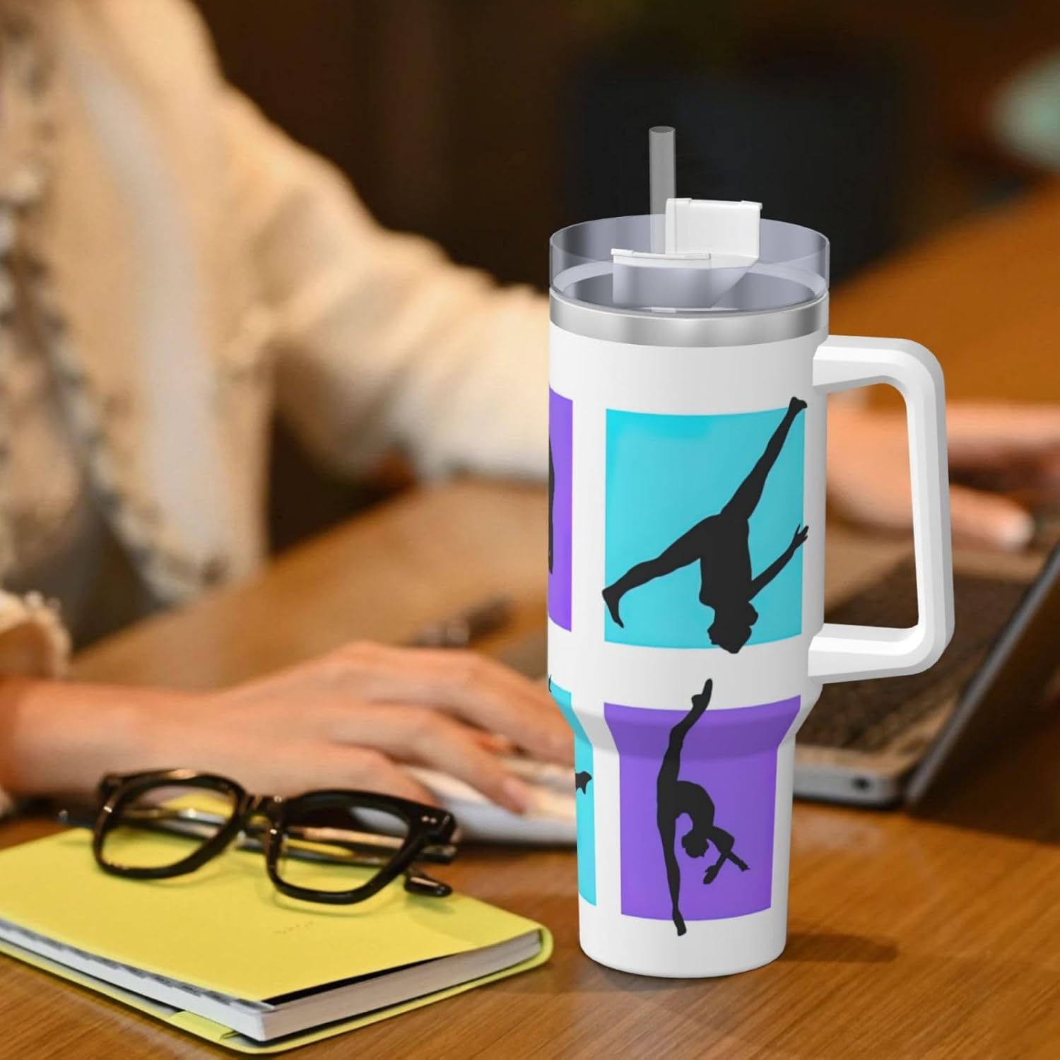 40 OZ Gymnastics Game Print Ice Bully Cup with Handle Straw Lid Straw,Stainless Steel Tumbler Coffee Cup