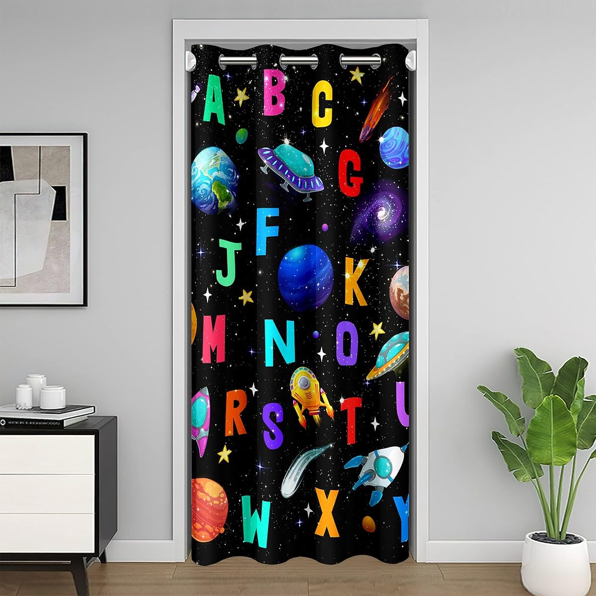Watercolor Cartoon Planets Door Curtain Cute Planets Glitter Stars Doorway Curtain for Closet Door Colorful Letters Graffiti Decor Door Drape for Bedroom Privacy 1 Panel 34