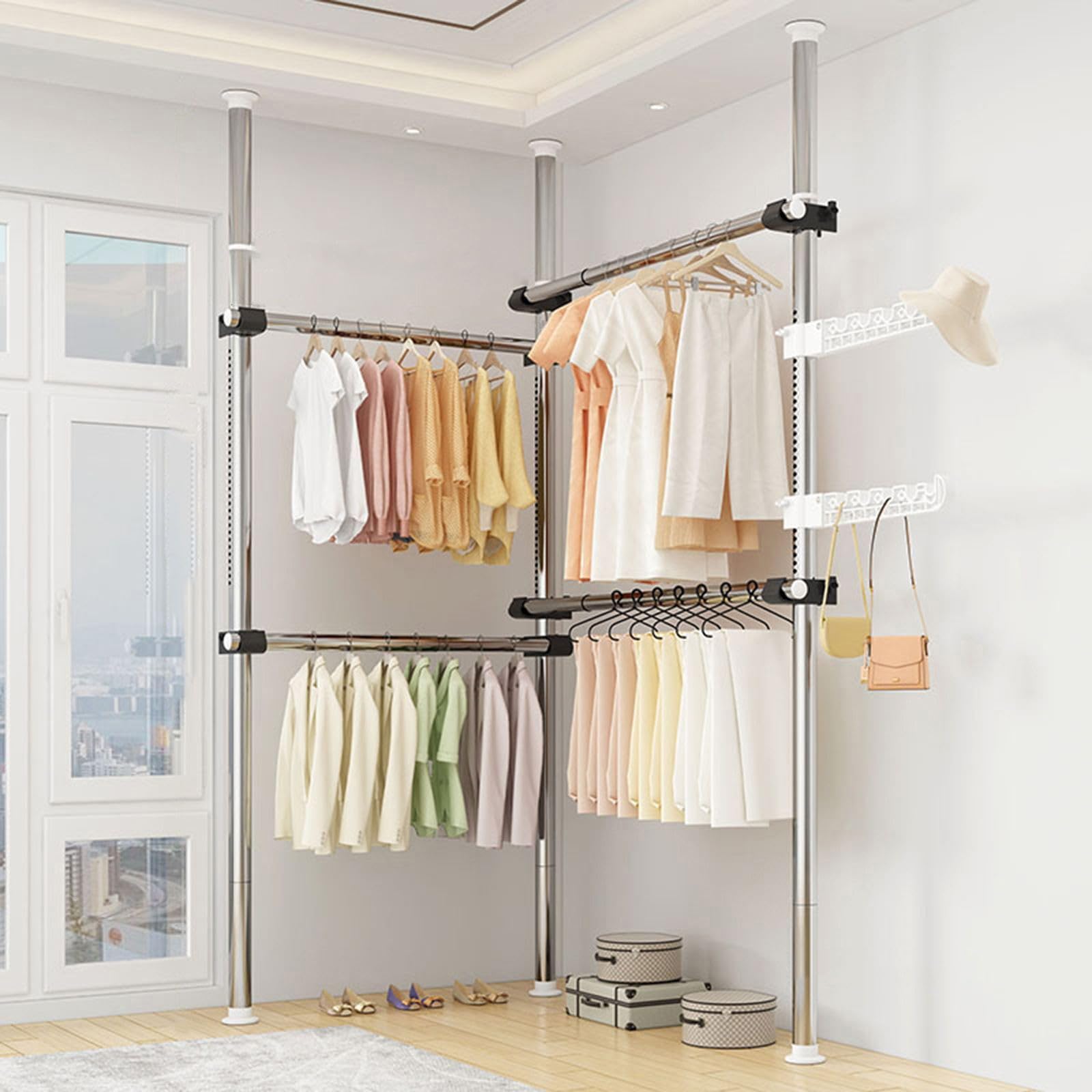 Rangement de chambre à coucher modulable, portant télescopique robuste pour suspendre vos habits