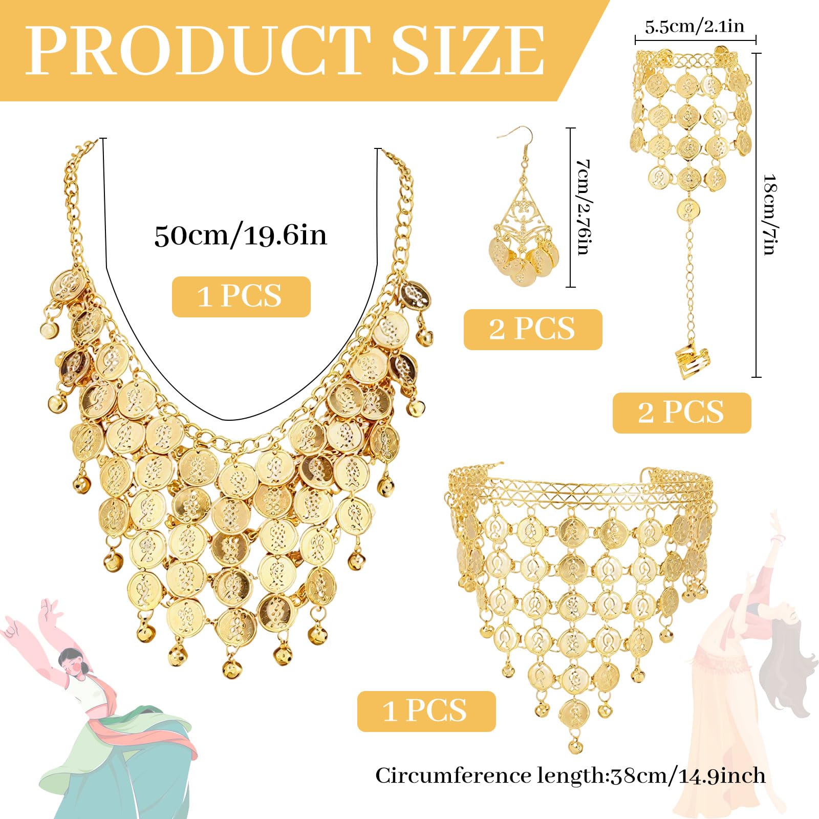 6 Pezzi Accessori per la Danza del Ventre, Set di Gioielli Placcati in Oro, Orecchini a Goccia con Moneta Bohemien, da Donna, per Halloween