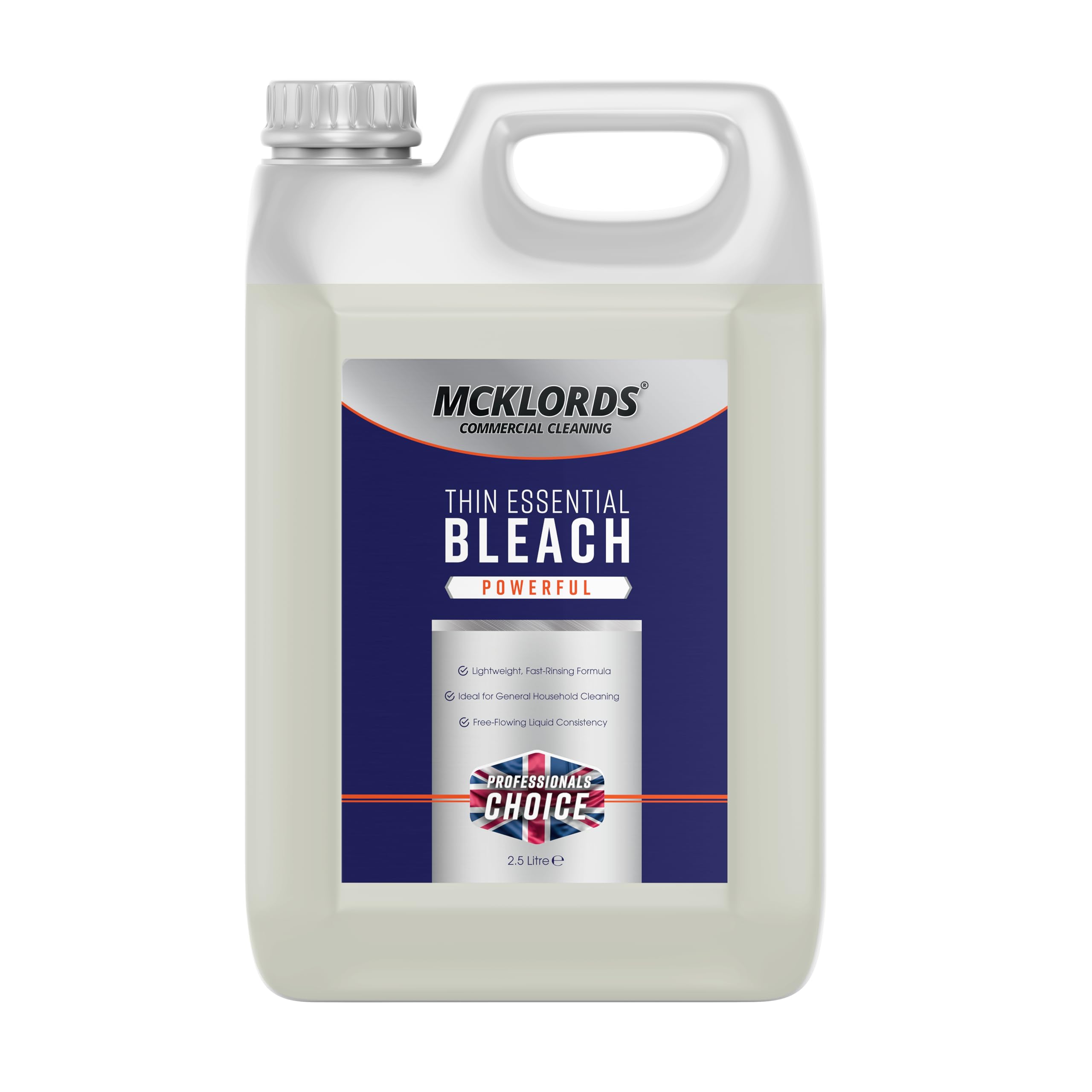 McKLords Commercial - Thin Essential Bleach 2.5L - All Purpose Thin Bleach Cleaner for Bathrooms and Surfaces - Fast Rinsing, Versatile Household Cleaning Solution