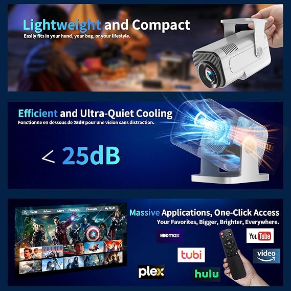 Mini Projector 4K 1080P Full HD Video Portable Projector Support with WiFi 6 & Bluetooth 5.2, Auto Keystone Adjustment Built-in Apps Smart with 270° Rotation for USB/TV Stick/HDMI-White