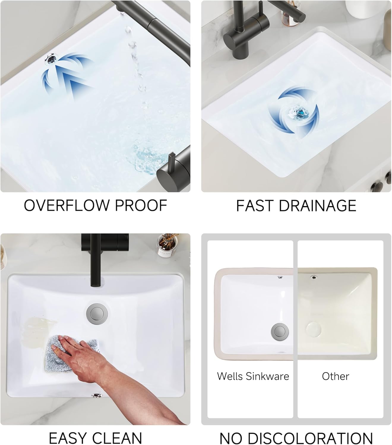 Rectangular 20 x 15 Ceramic Undermount Bathroom Sink Vanity White