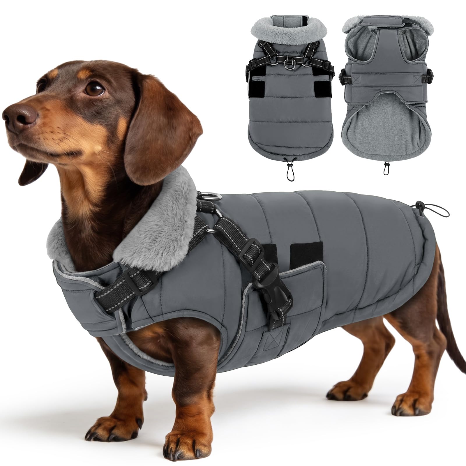 ASENKU Size M Medium Dog Waterproof Winter Coat with Integrated Harness – Warm Fleece Lined Reflective Jacket for Corgi French Bulldog Dachshund Spaniel, UK Daily Walks Rainy Hiking