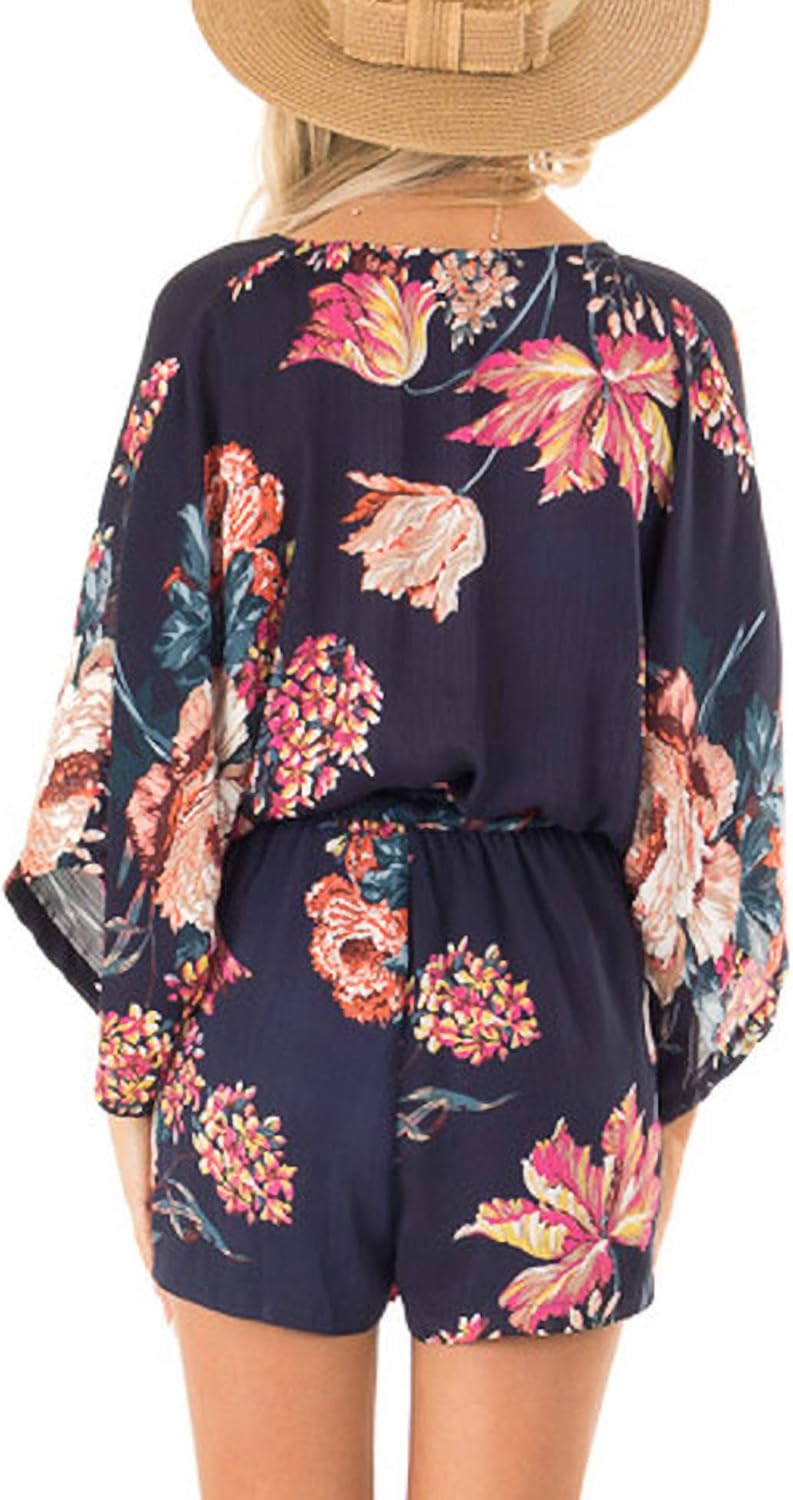 Bonkwa Women's Summer Rompers V Neck Floral Print Casual Romper High Waist Belt Long Baggy Sleeves Loose Short Jumpsuits - Image 3
