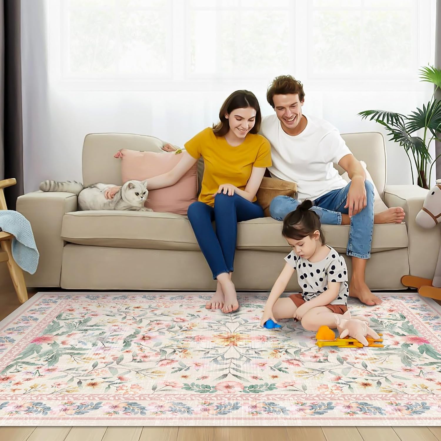 Washable Boho Area Rug 3'×5' Pink Green Beige Large Living Room Rug Floral Non-Slip Color Soft Oriental Vintage Bedroom Carpet Dining Room Nursery Home Office Indoor Decor