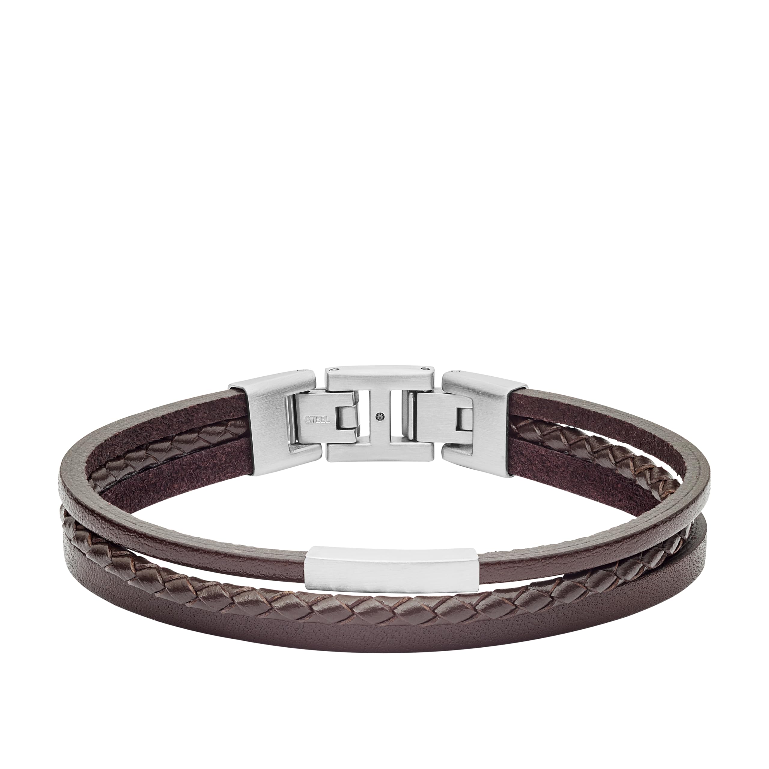 Bracciale multifilo in acciaio tonalità argento e pelle marrone
