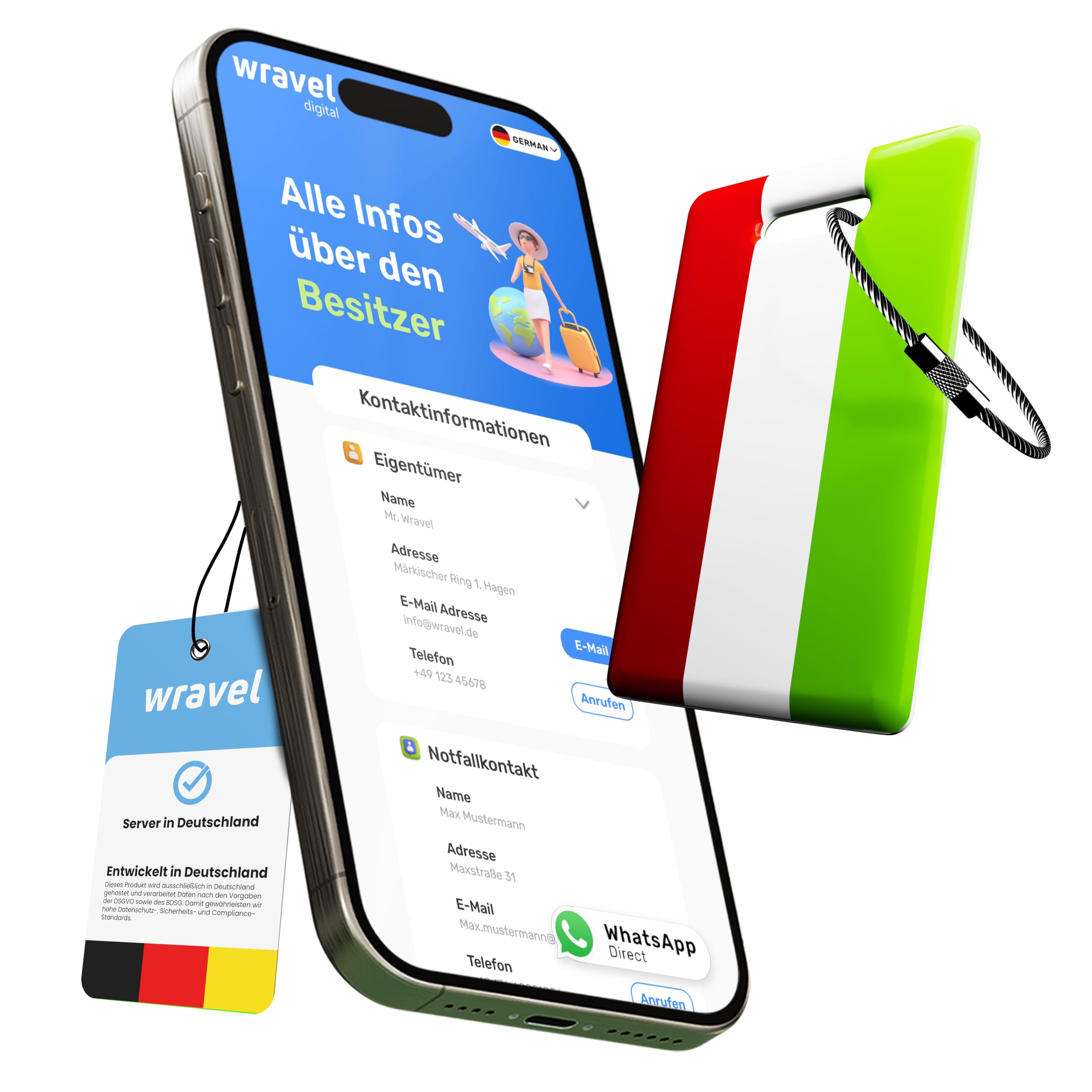 Digitaler Kofferanhänger mit NFC & QR-Code | Smartes Adressschild für Gepäck | Datenschutz statt Namensschild | Wiederverwendbar | Für Reise & Geschäftsreise (Italien, 1er Set)