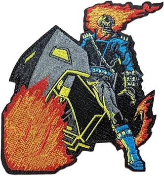 Ghost Motorcycle Rider Patch | Flaming Skull Biker Iron On Applique | Burning Skull Goth Punk Horror Comic Style | Embroidered Iron On Applique | 5" x 4.75"