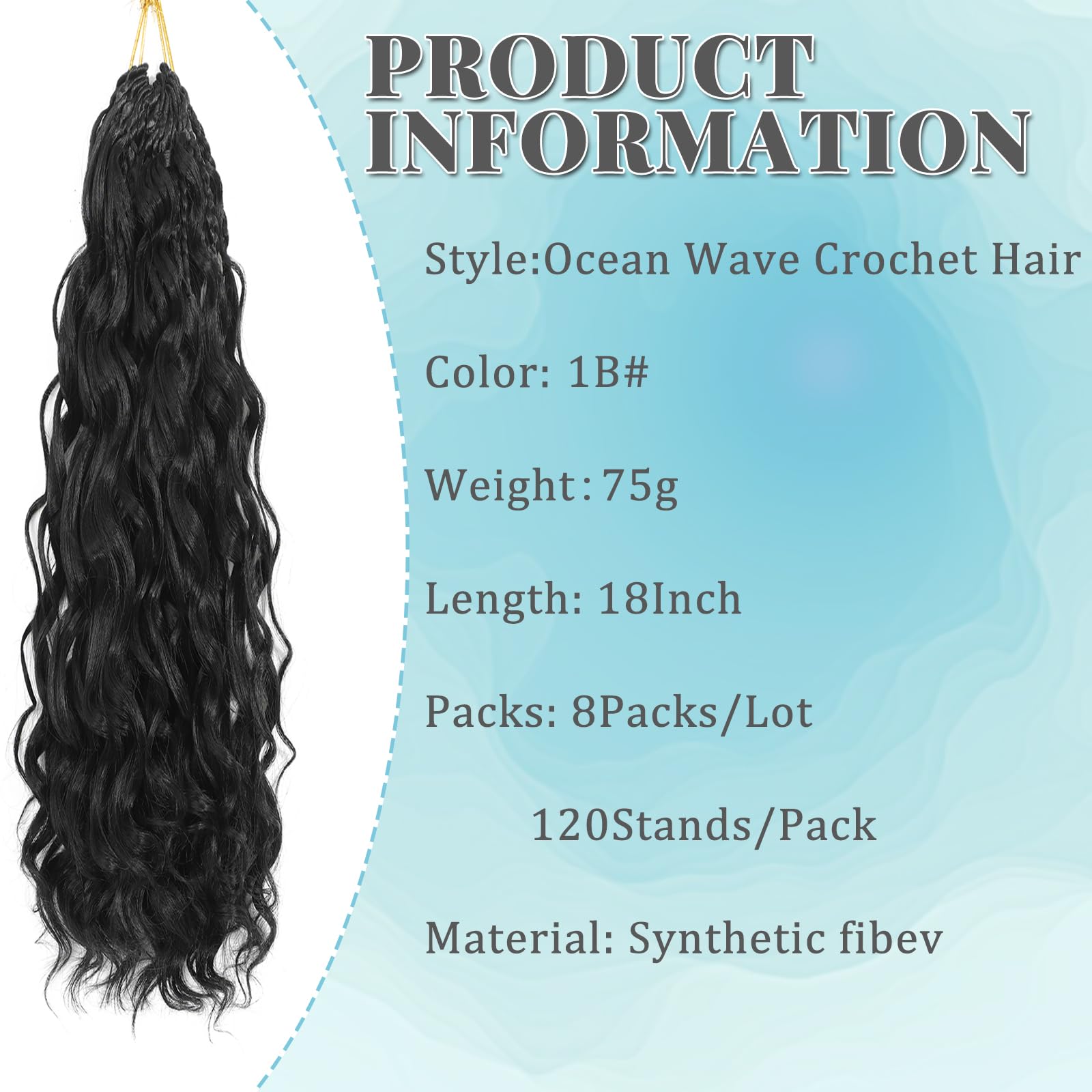 Pre Looped Ocean Wave Crochet Hair 8 Packs Boho Ocean Braids Short Curly Crochet Hair Pre Twisted Synthetic Deep Wavy Crochet Hair for Women (1B - Image 2
