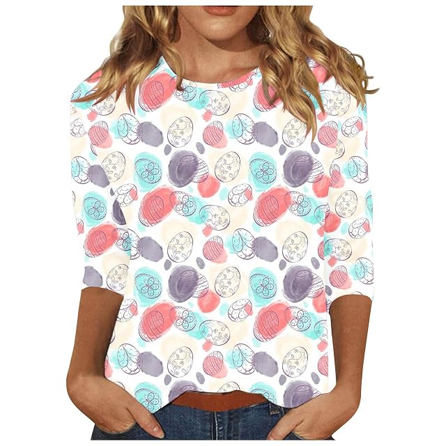 Workout Tops for Women Happy Easter T-Shirt 3 4 Sleeve Blouse Cute Bunny Eggs Print Graphic Tees Crew