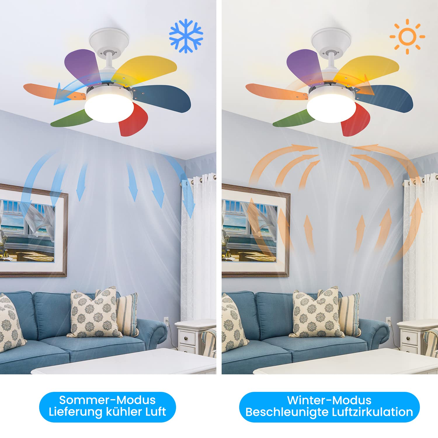 Glitzerlife Ventilatore da soffitto con illuminazione e telecomando silenzioso - Ventilatore da soffitto con luce singola Ventilatore da soffitto estate/inverno per camera da letto/colore