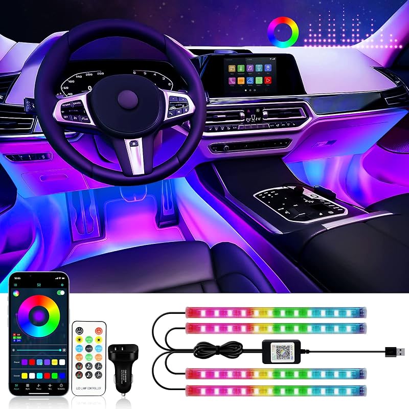 RGB Interior Car Strip Light with Smart APP Control，Led Car Lights Interior | Music Sync Under Dash Footwell Neon Internal Lighting Kit Multicolor,12V LED Strip Lights for Car, Truck, SUV (1 Set)