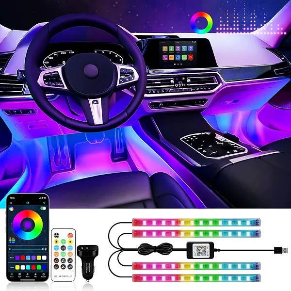 RGB Interior Car Strip Lights with Smart APP Control, Music Sync Under Dash Footwell Neon Internal Lighting Kit Multicolor,12V LED Strip Lights for Cars, Trucks, SUVs with Car Charger(1 Set)