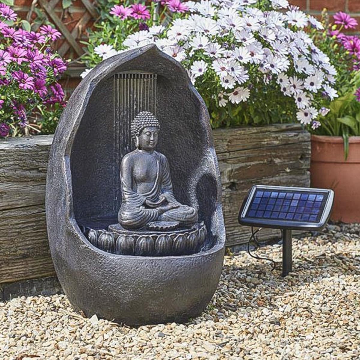 Festive Lights - 60cm Hybrid Buddha Solar Water Feature with Backup Battery - Metallic Grey Polyresin, IP44 Rated, Outdoor Garden Fountain - External Panel, Tranquil Flow, Easy Installation
