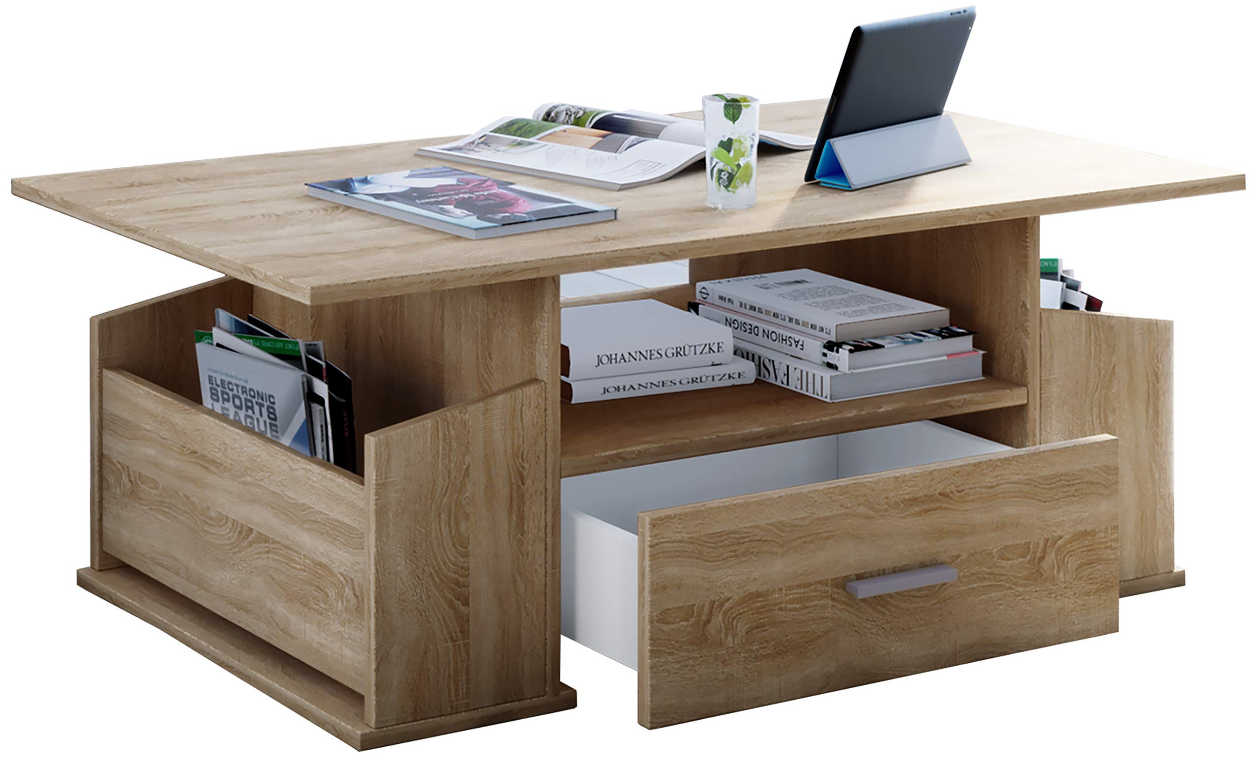 VCM Holz Couchtisch mit ausreichend Stauraum | Maße ca. H. 44 x B. 110 x T. 52 cm | Wohnzimmertisch mit Schublade - Junata Sonoma-Eiche (Sägerau)