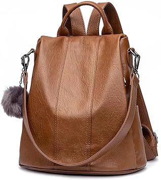 myfriday Vintage Faux Leather Backpack for Women, Soft Rucksack Backpack with Anti-Theft Pocket Convertible Shoulder Handbag Brown
