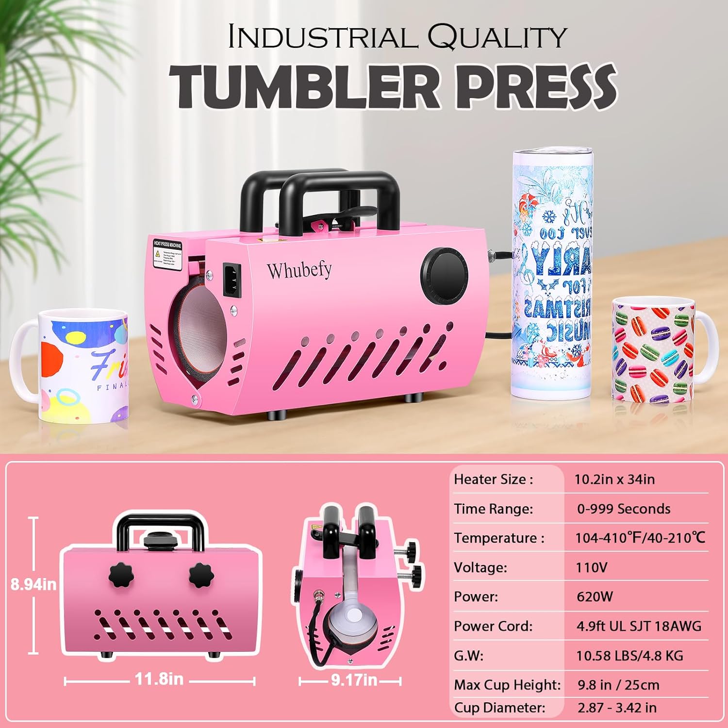 Tumbler Heat Press, Mug Press Sublimation Machine for 30oz 20oz 16oz 11oz Skinny Tumblers Glass/Ceramic/Aluminium Mug Coffee Cup Press with Heat Papers/Tape/Gloves. Suit for Cup Diameters:2.87-3.42in