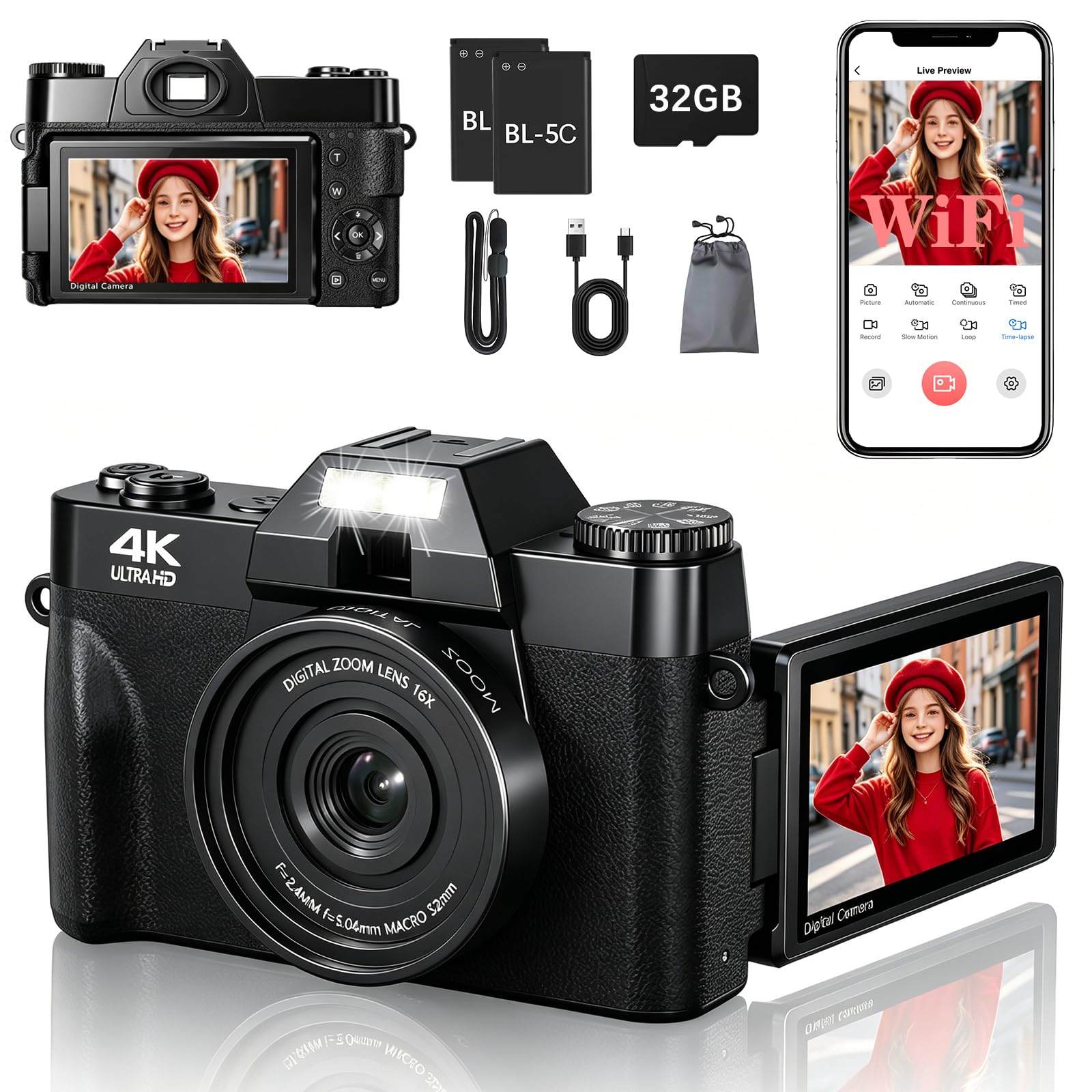 Cámara digital 4K, cámara de vlogging WiFi de 75 MP con pantalla abatible de 180°, enfoque automático, zoom de 18X, tarjeta de 32 GB, 2 baterías, cámaras digitales compactas de apuntar y disparar para