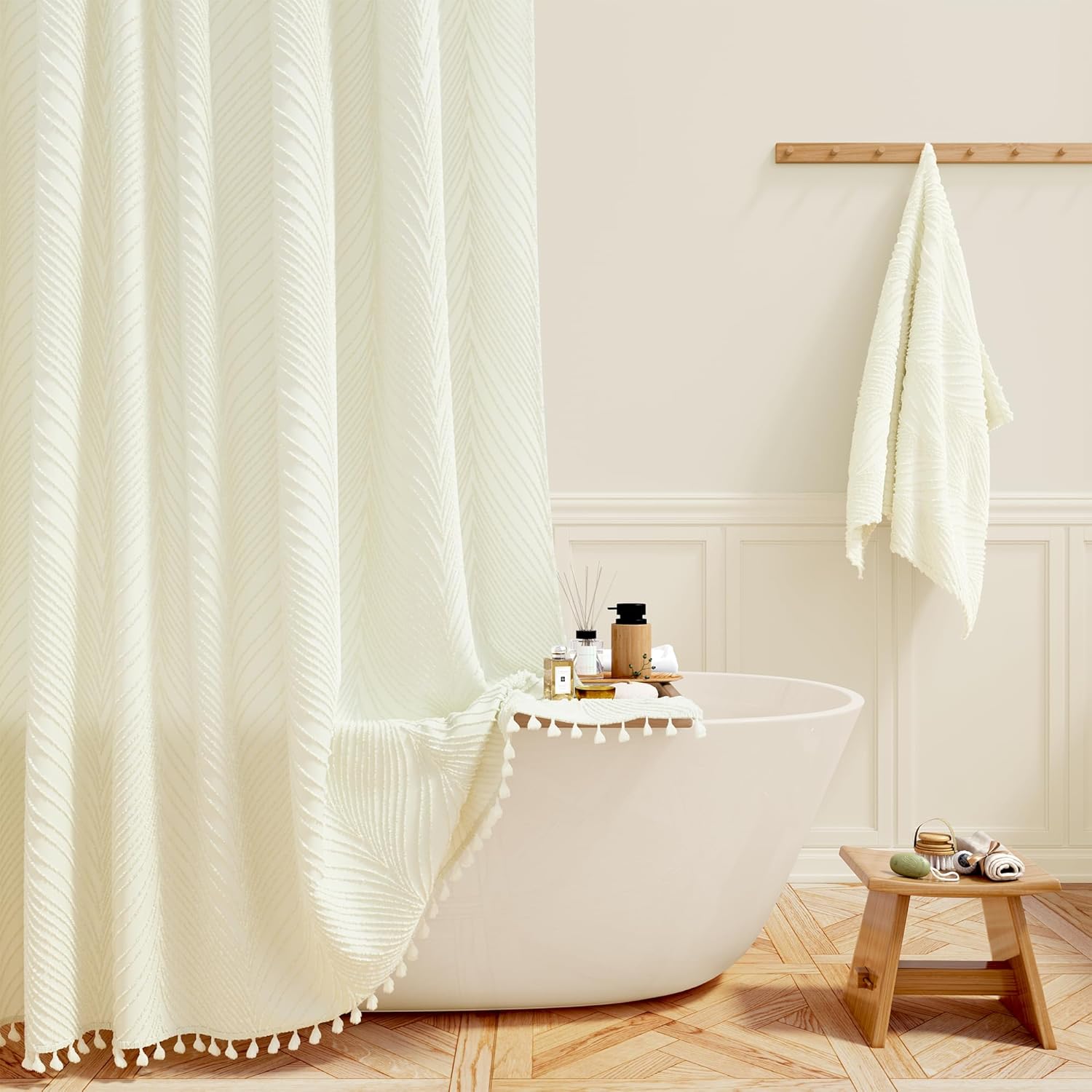 BTTN Boho Long Shower Curtain - 72x78 Tufted Leaves Textured Striped Tassel Shower Curtain Set with 12 Plastic Hooks, Water Repellent, Modern Farmhouse Luxury Shower Curtains for bathroom, Cream/Beige