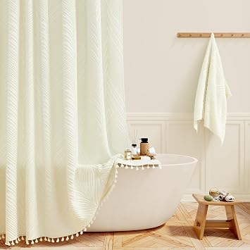 BTTN Cream Boho Farmhouse Shower Curtain, Tufted Leaves Textured Striped Fabric Shower Curtain Set with Tassels, Water Repellent, Modern Minimalist Vintage Cloth Shower Curtains for Bathroom, 72 x 72