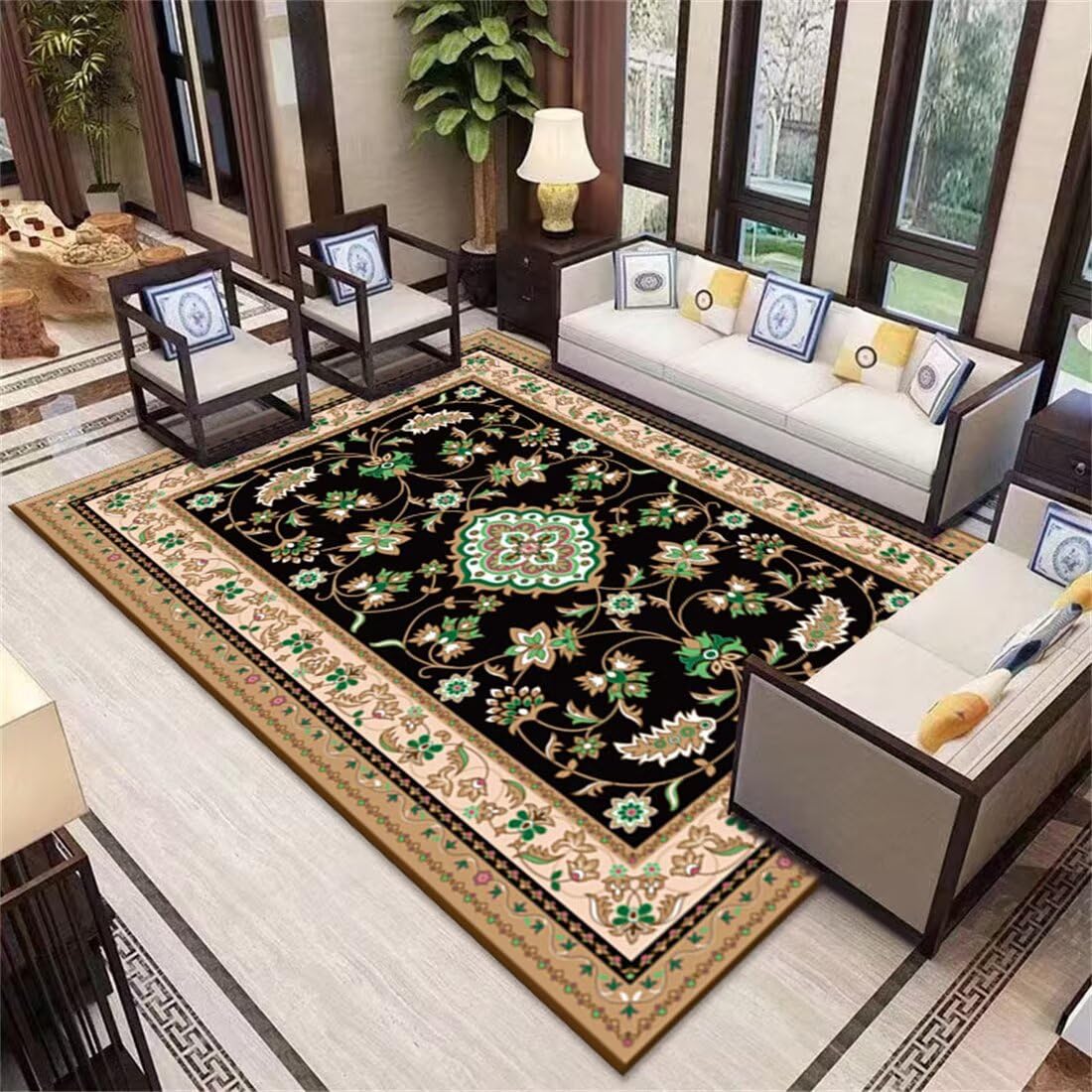 Tapis de salon floral vintage 160x200cm noir vert à tissage plat résistant